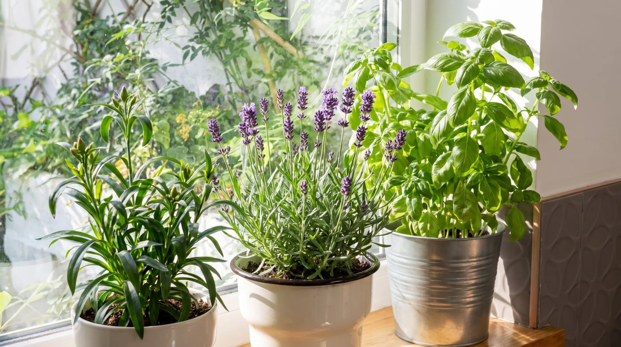 Basil and lavender plants used as natural fly repellents in kitchen