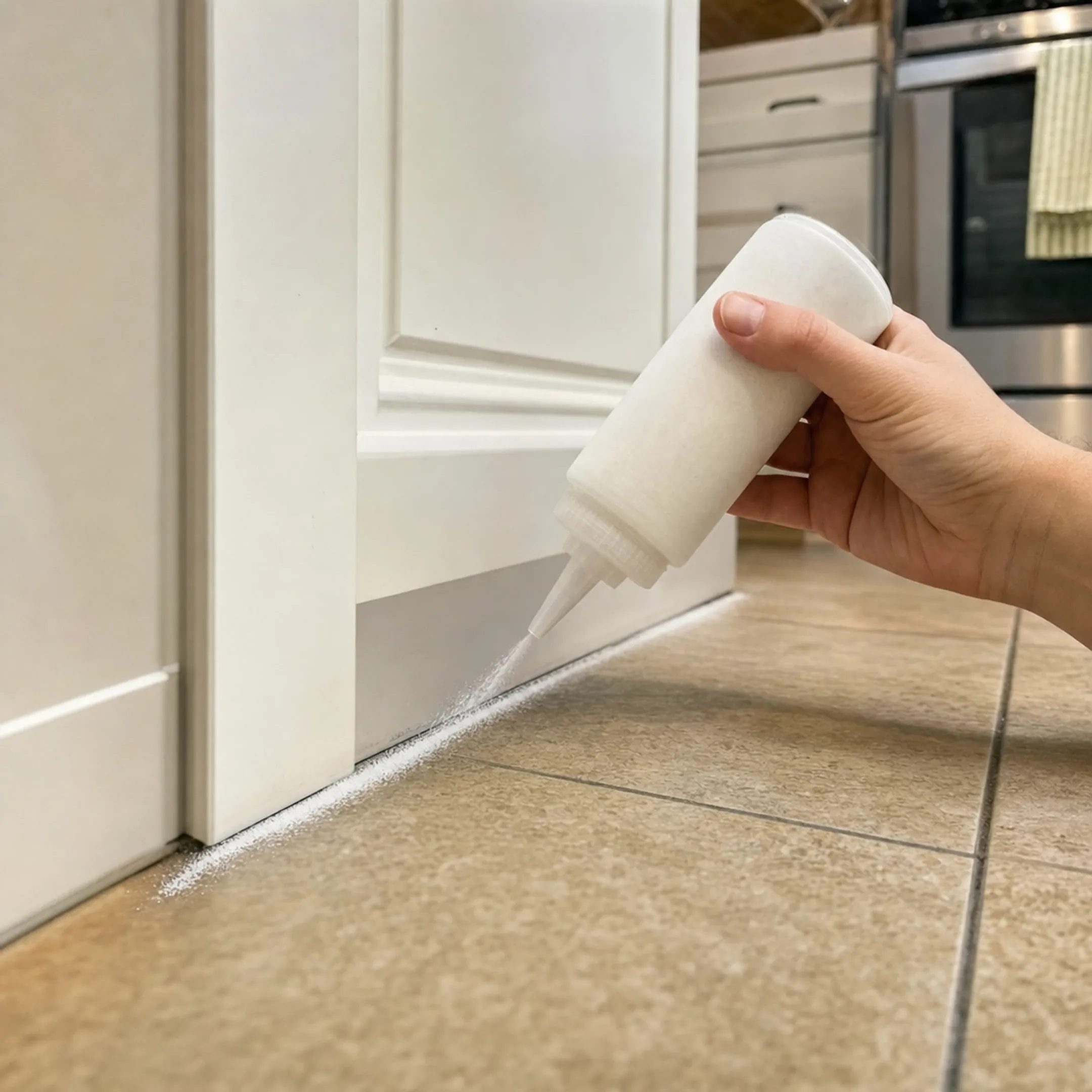 Diatomaceous earth powder being applied along kitchen baseboard crack