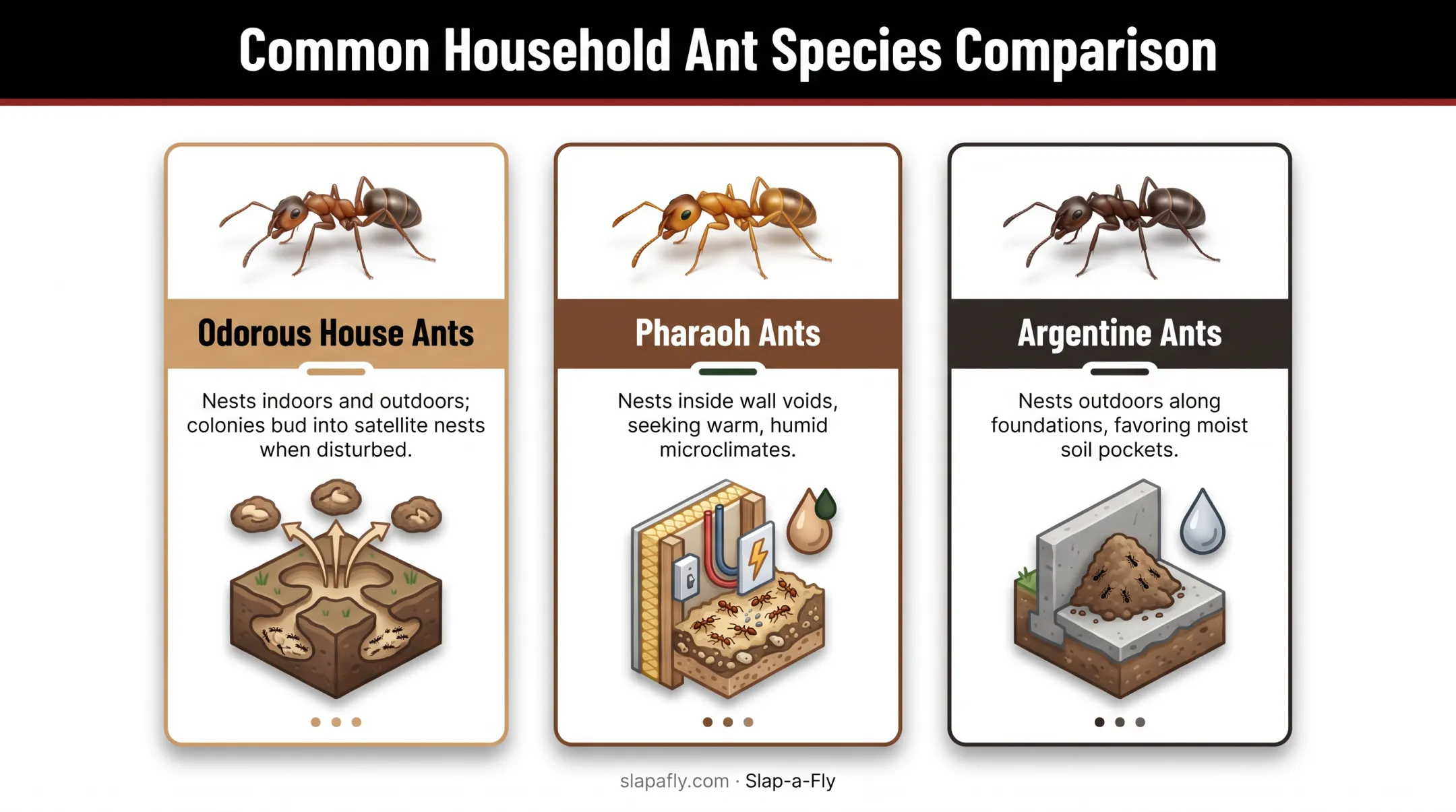 Three common kitchen ant species identification chart with nesting habits