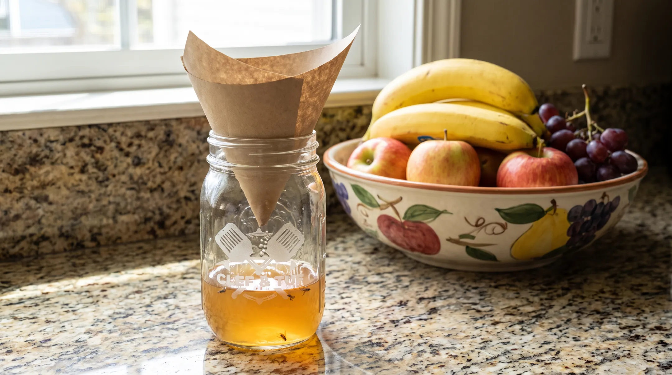 Mason jar fly trap placed near kitchen fruit bowl counter