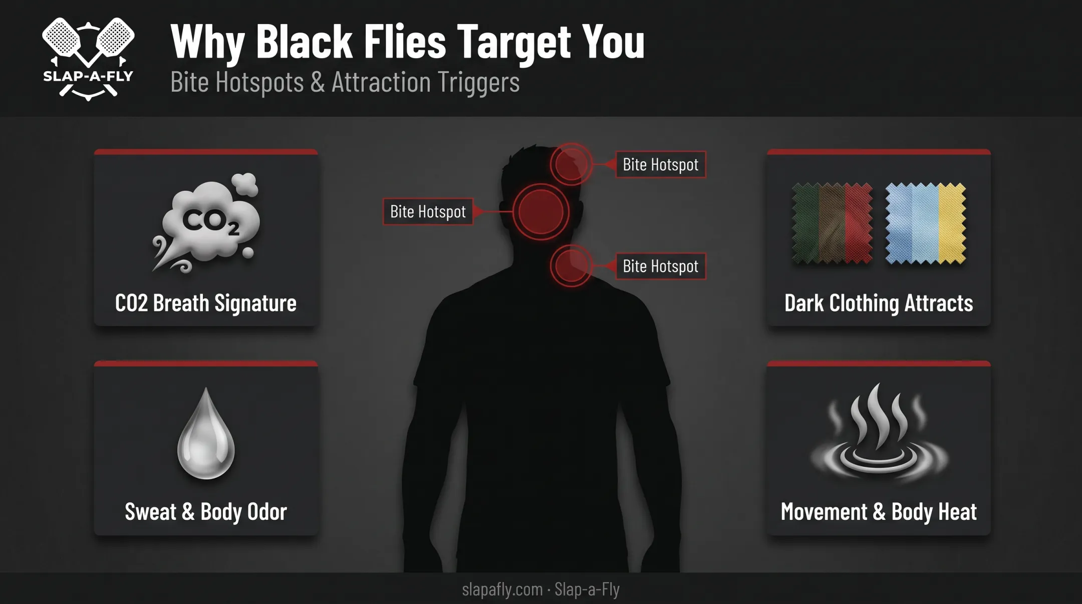 Black fly biting behavior triggers and target zones on human body