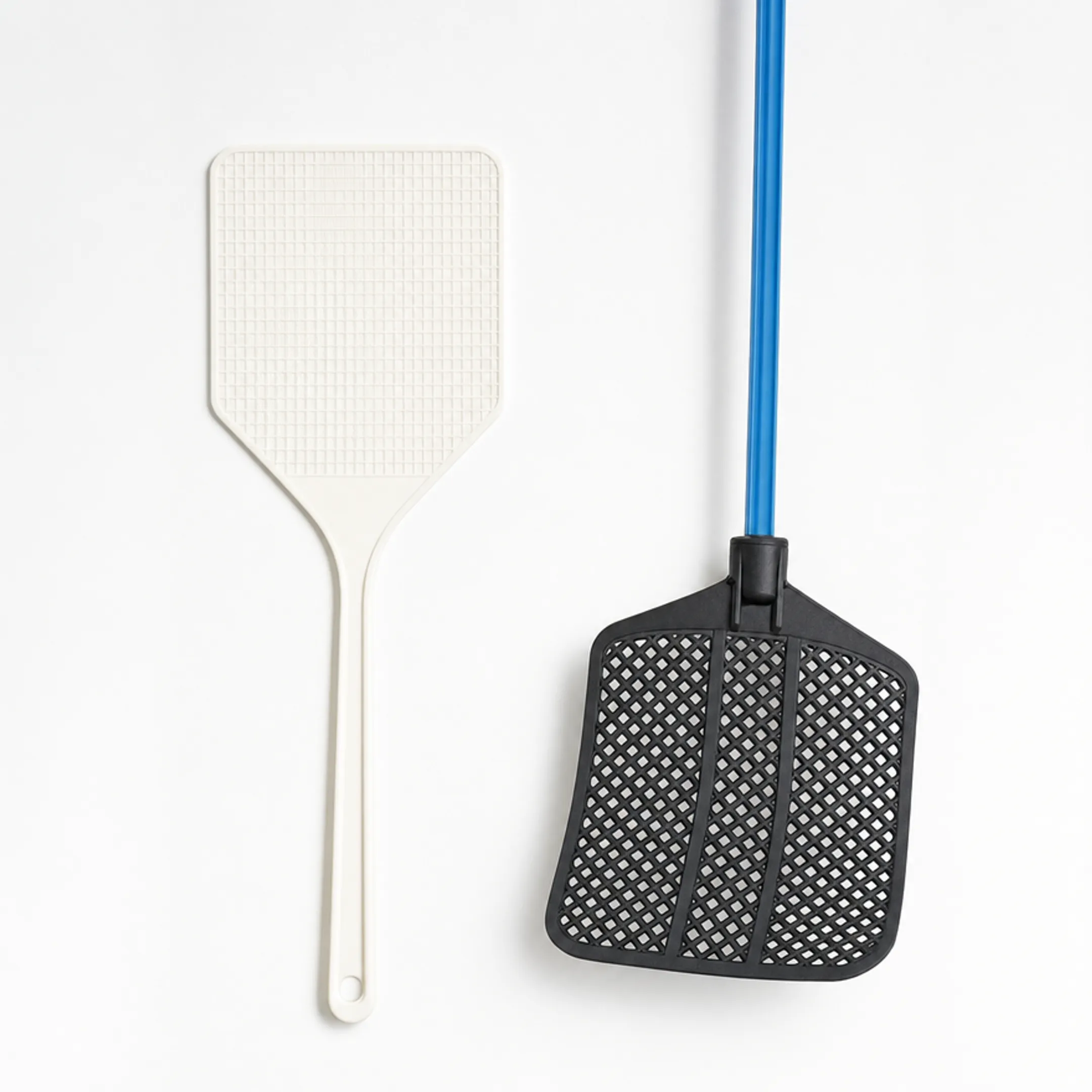 Rigid plastic and flexible rubber fly swatters side by side comparison