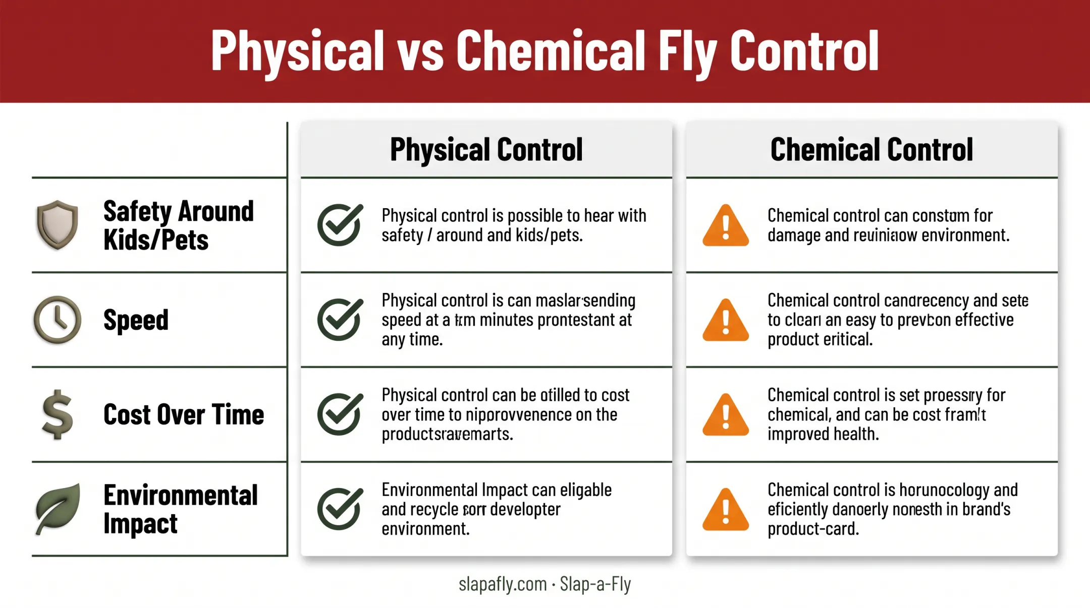 Physical versus chemical pest control comparison chart across four factors