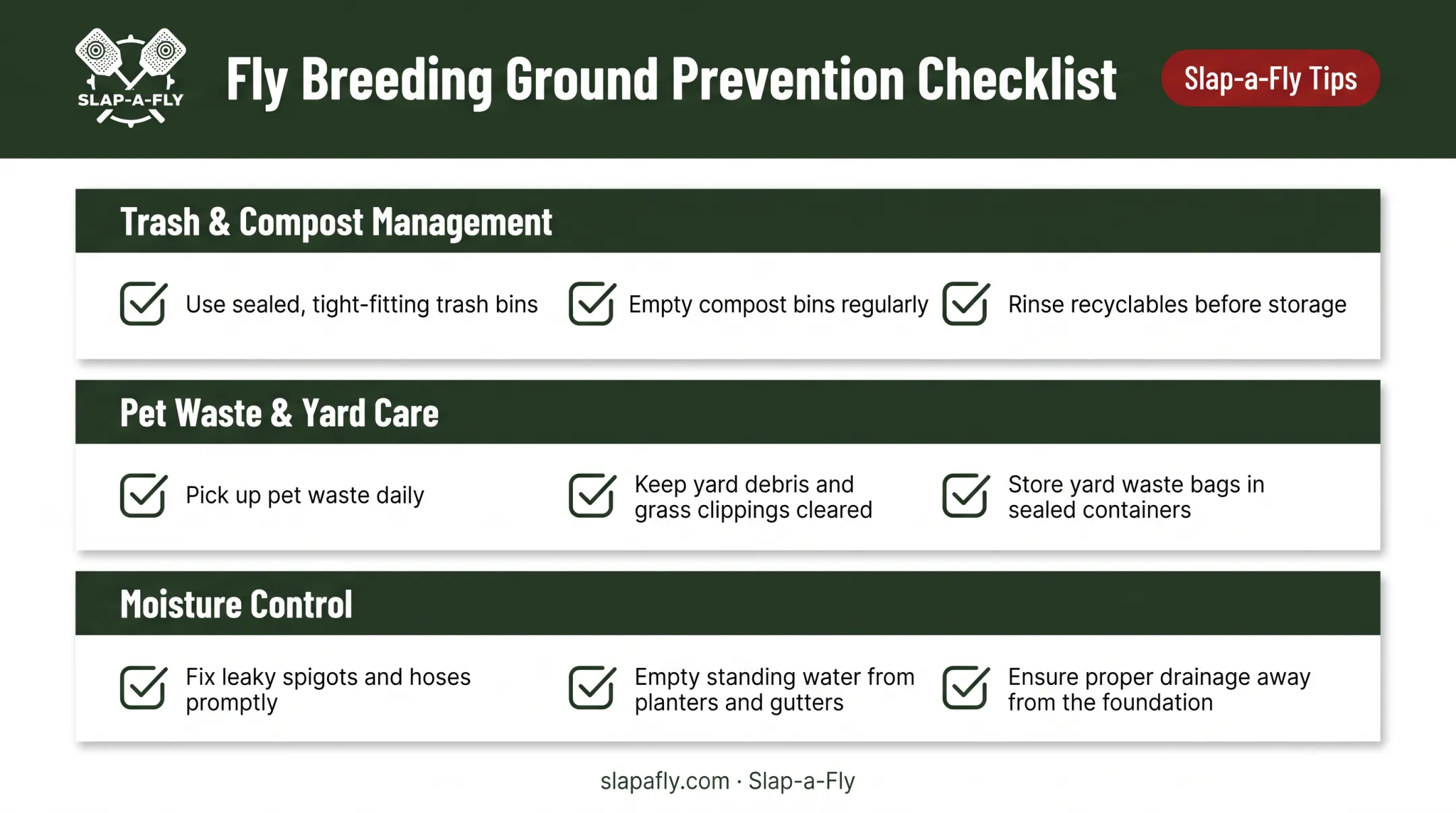 Outdoor fly prevention checklist covering trash pet waste and moisture control
