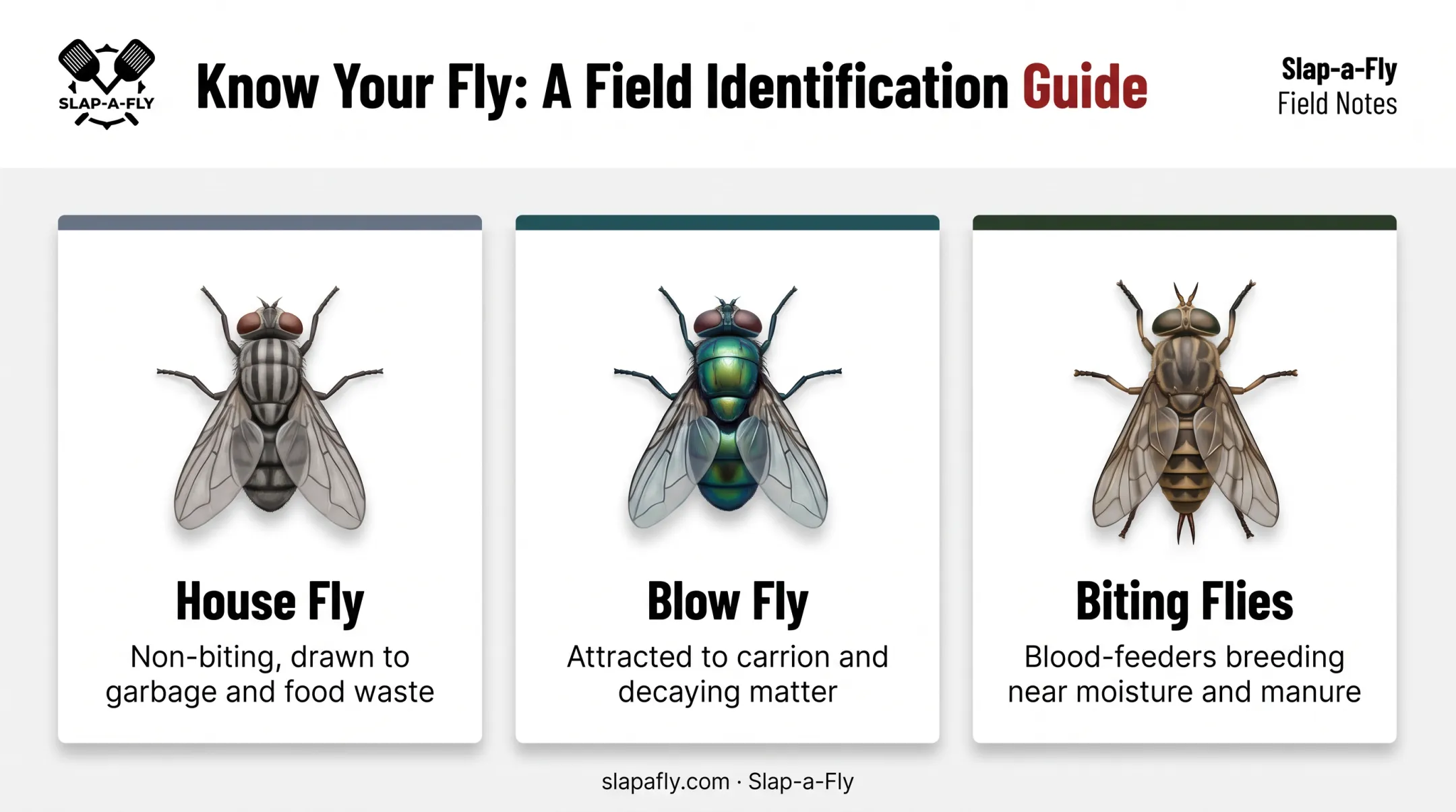 Comparison chart of common outdoor fly species and identifying traits