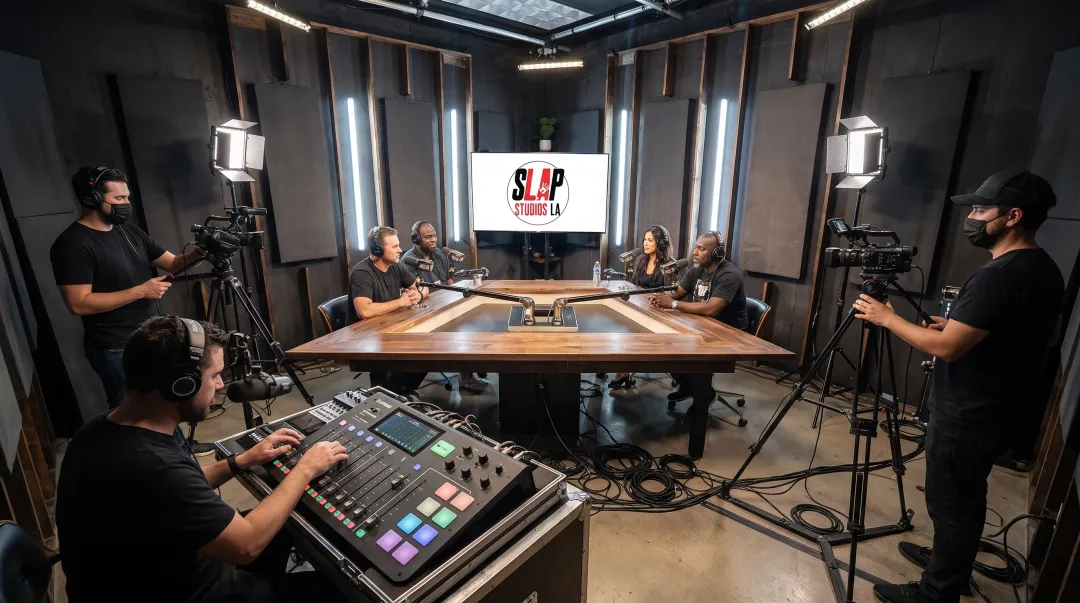 Professional podcast studio with multi-camera setup and on-site engineer