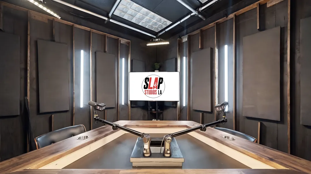 SLAP Studios LA podcast recording room with multi-camera lighting setup