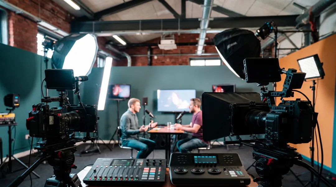Professional podcast recording studio with multi-camera setup and production equipment