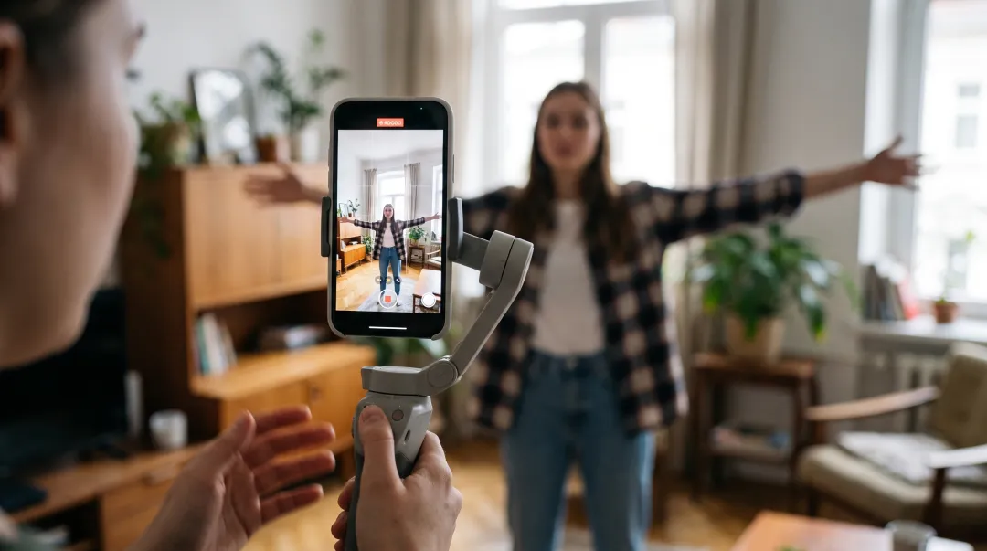 Creator filming vertical native-style TikTok video with smartphone