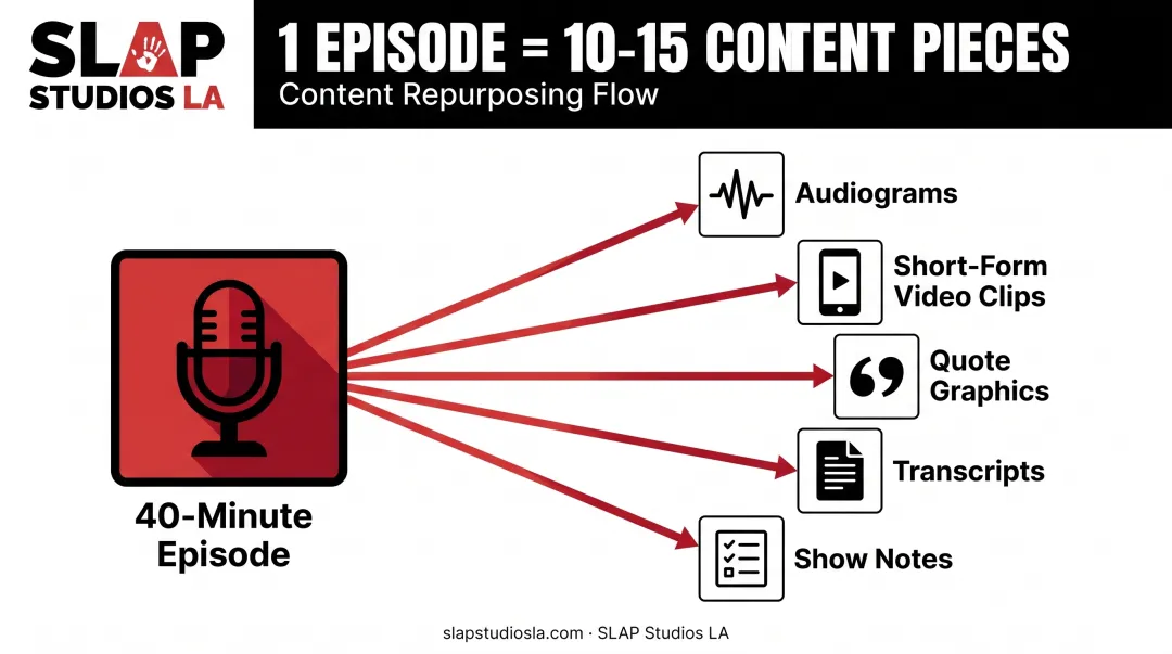 One podcast episode repurposed into 10-15 social content pieces