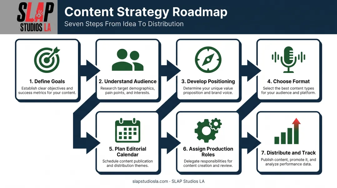 7-step podcast content strategy roadmap from goals to distribution