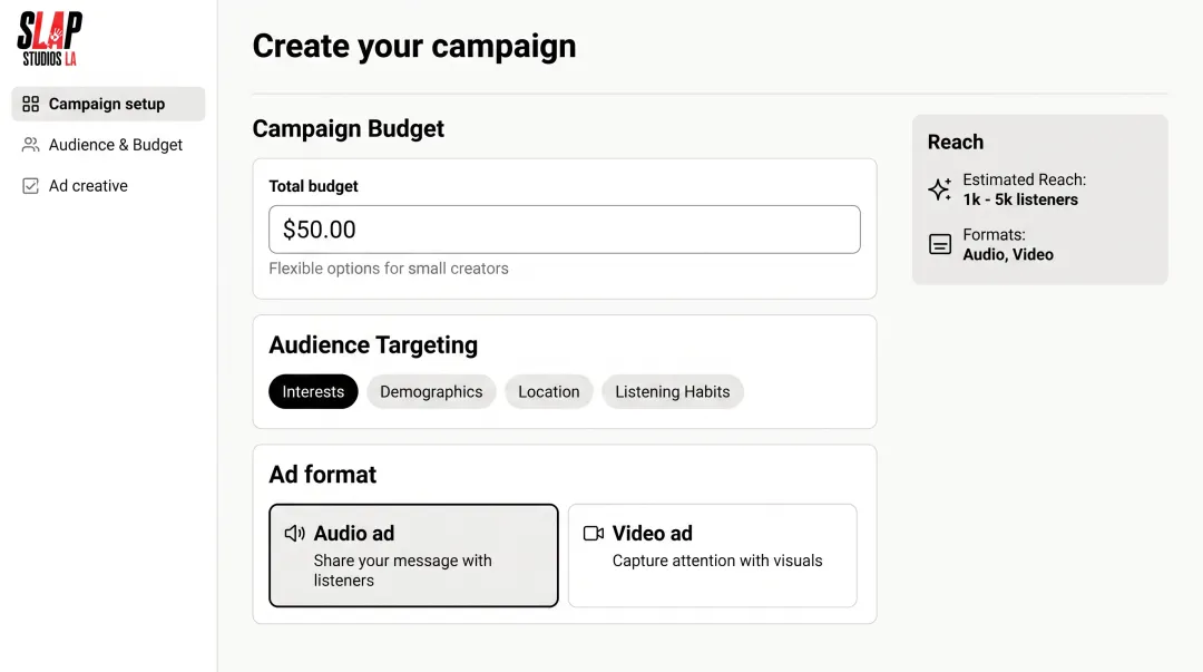 Podcast advertising dashboard showing campaign targeting segments and budget settings