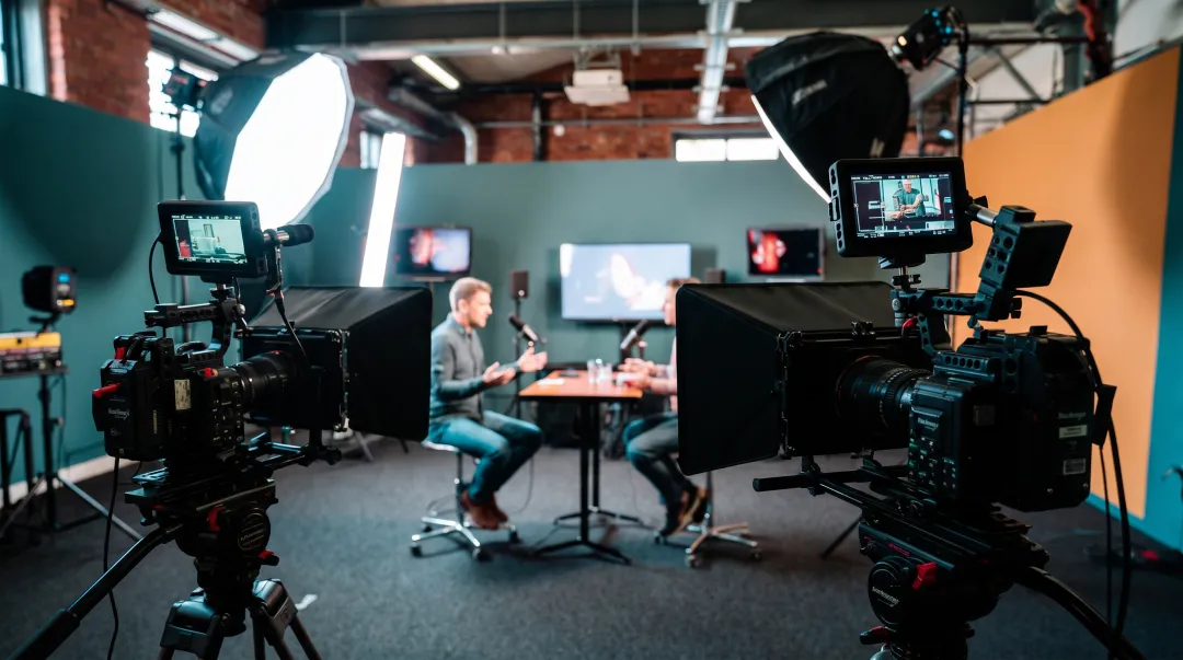Multi-camera production studio with professional lighting and audio equipment
