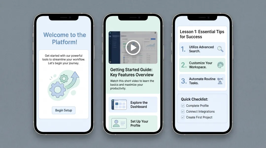 Onboarding email series interface showing welcome message and training video