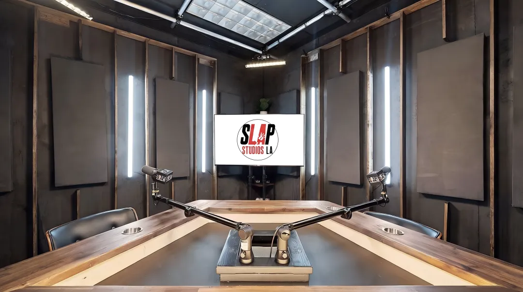 SLAP Studios LA multi-camera podcast recording setup with professional lighting and soundproofing