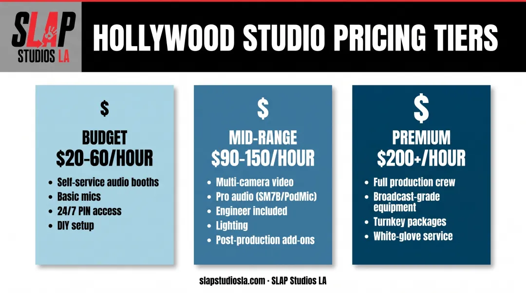 Hollywood production studio pricing tiers from budget to premium with features breakdown