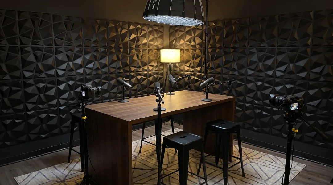 Professional podcast studio with three-camera video setup editorial table and acoustic treatment