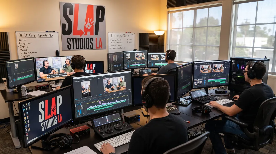 Video editors producing short-form podcast clips for social media platforms