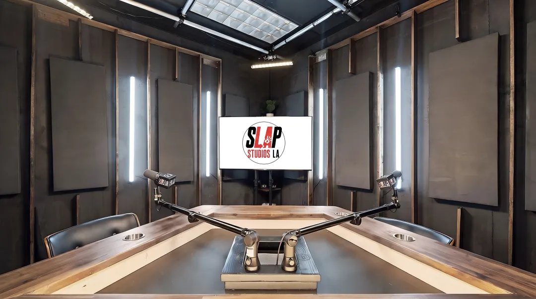 Professional multi-camera podcast studio setup with lighting rig