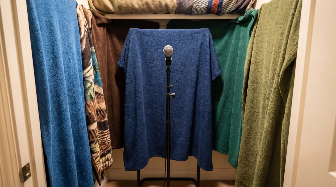 DIY home recording booth with blankets for acoustic sound treatment
