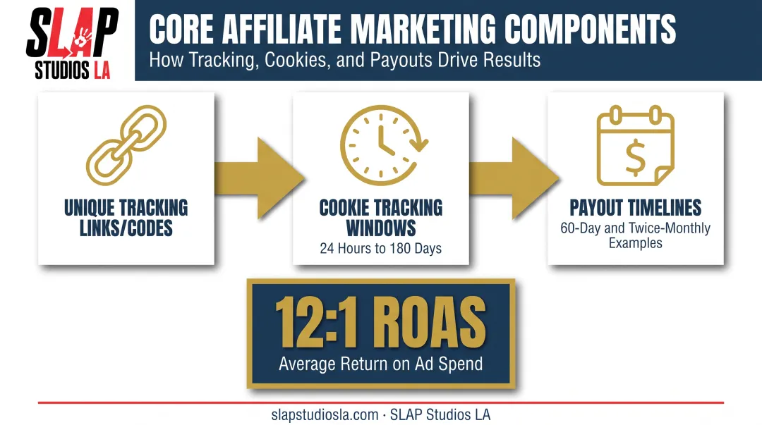 Affiliate marketing mechanics showing tracking links cookie windows and payout timelines