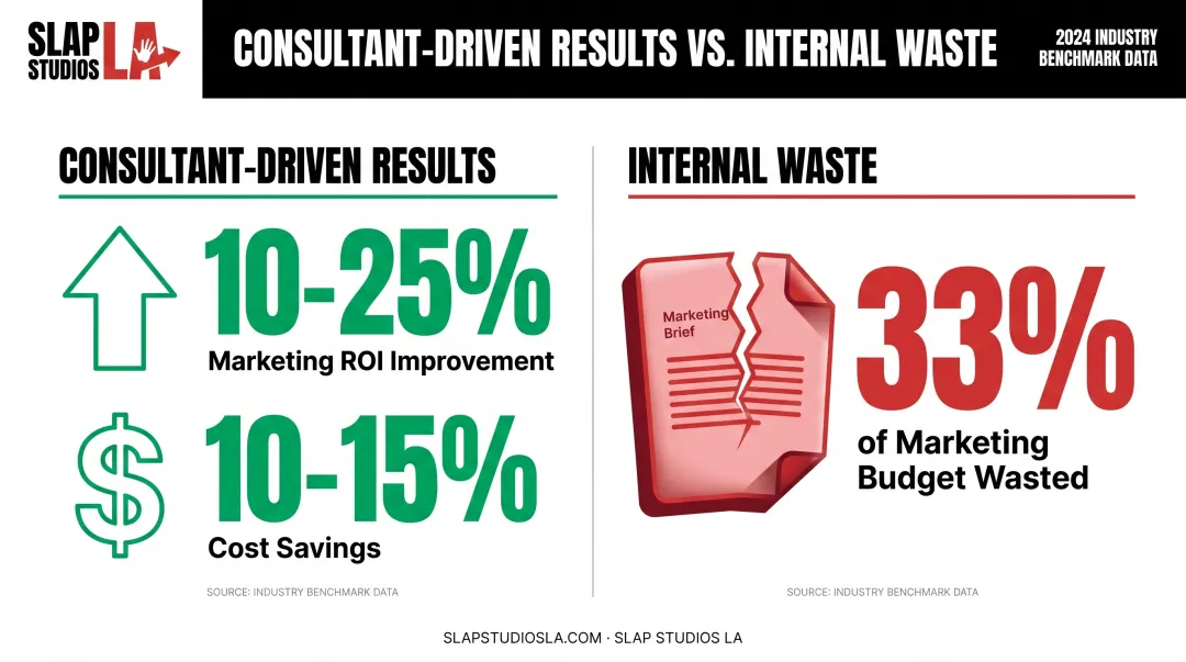 Marketing consultant ROI benefits versus wasted internal budget statistics comparison