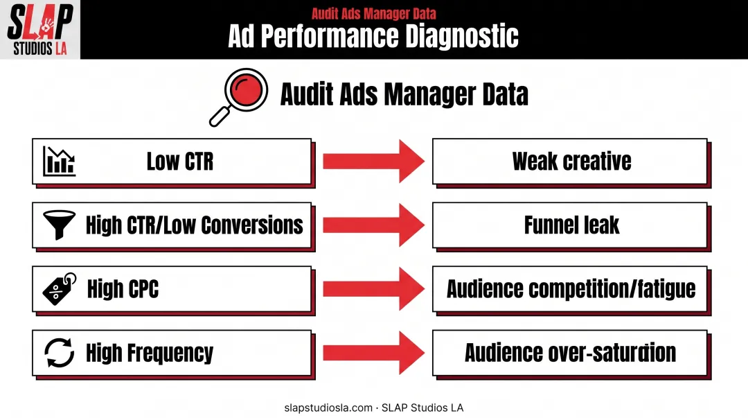 Instagram ad performance audit diagnosis flowchart for CTR CPC issues