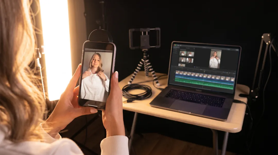 Short-form video content creator filming social media ad footage