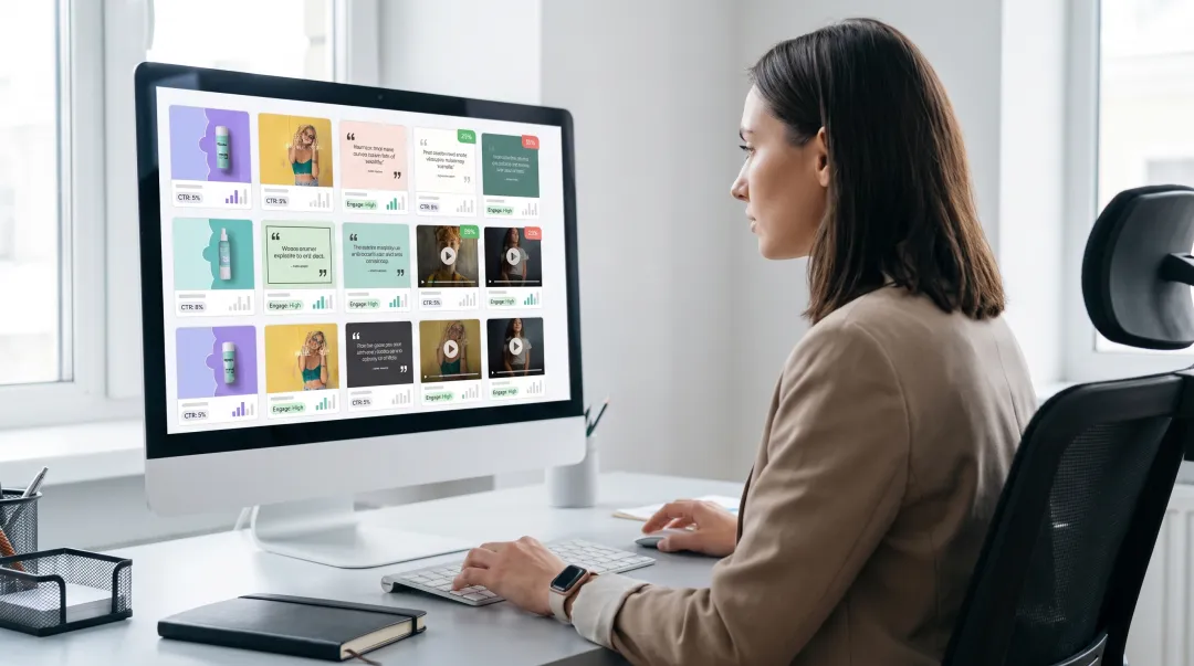 Social media manager reviewing A/B test ad creative variations on screen