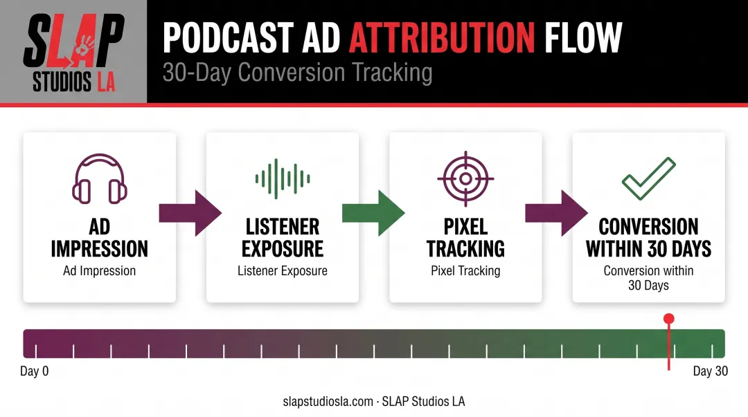 Podcast ad attribution funnel from impression to 30-day conversion tracking