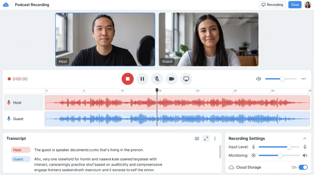 Riverside.fm cloud recording interface showing multi-track podcast session