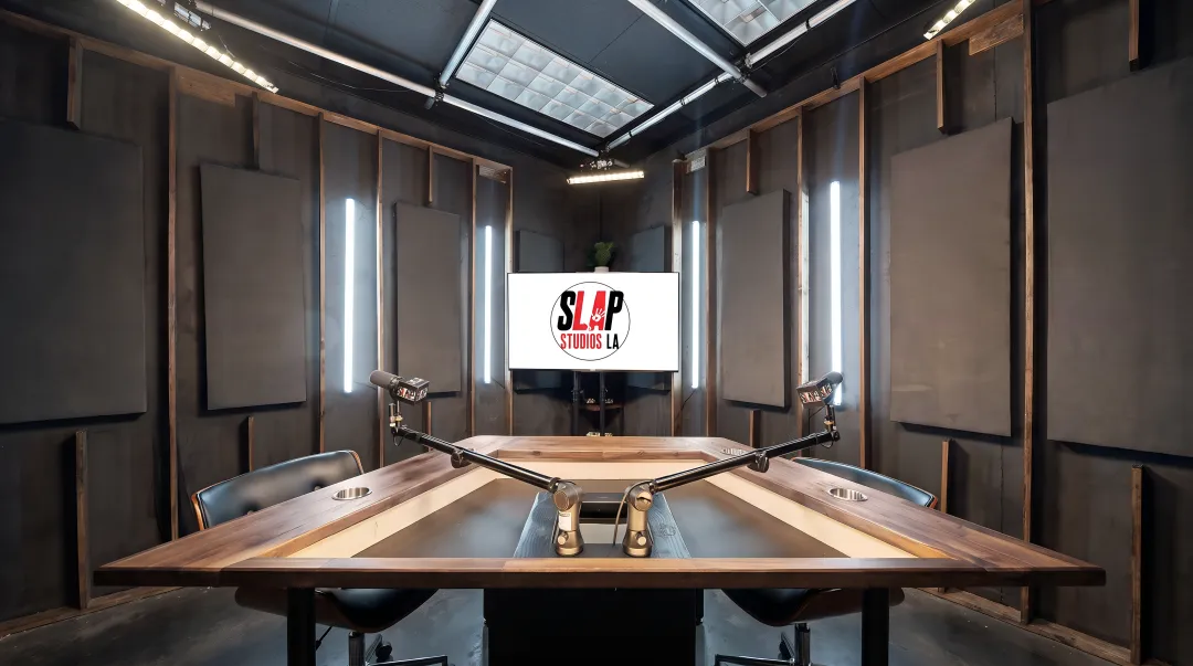 Podcast studio multi-camera setup with professional recording equipment