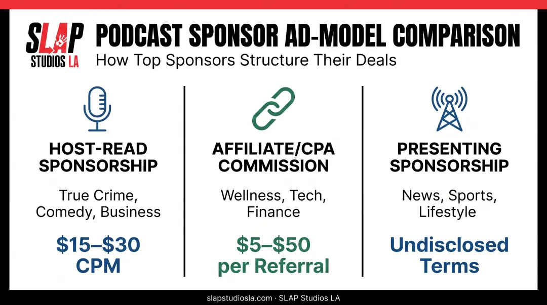 Comparison chart of top podcast sponsorship ad models and niches