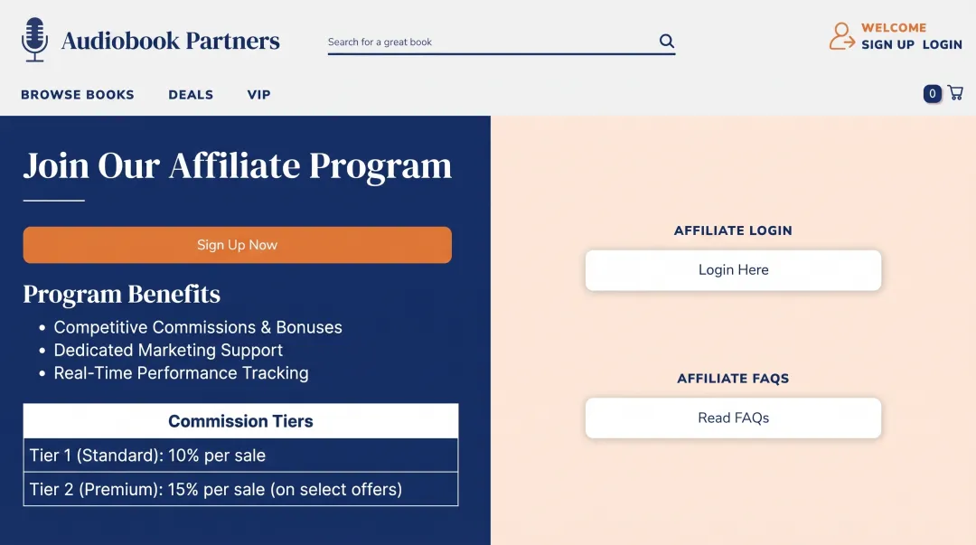 Audible affiliate and podcast partnership program webpage interface