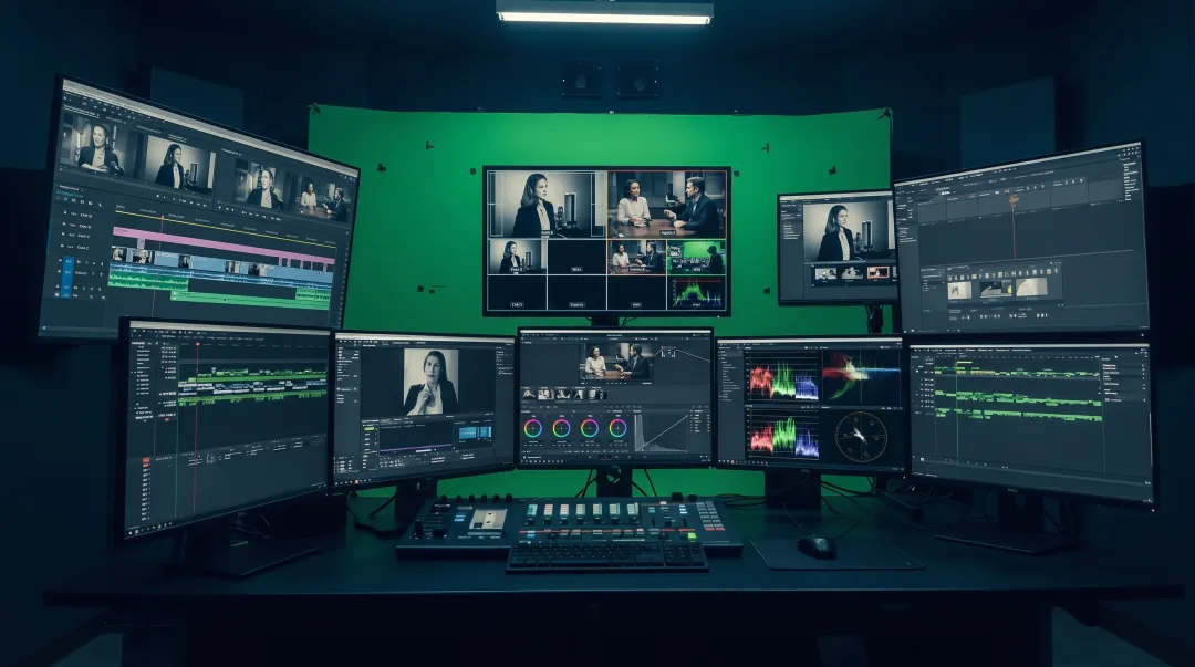 Video podcast editor working with multi-camera footage and color correction software