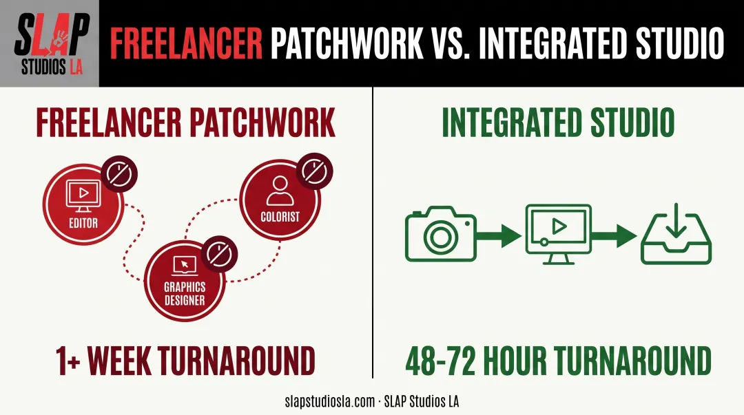 Integrated studio workflow versus freelancer patchwork turnaround comparison