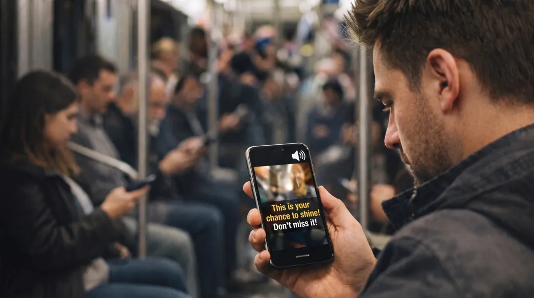 Mobile viewer watching captioned video with sound muted on smartphone