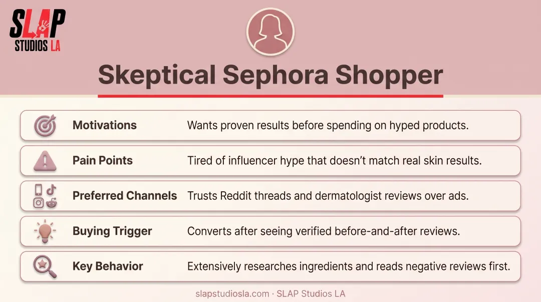 Beauty buyer persona template showing motivations pain points and channels