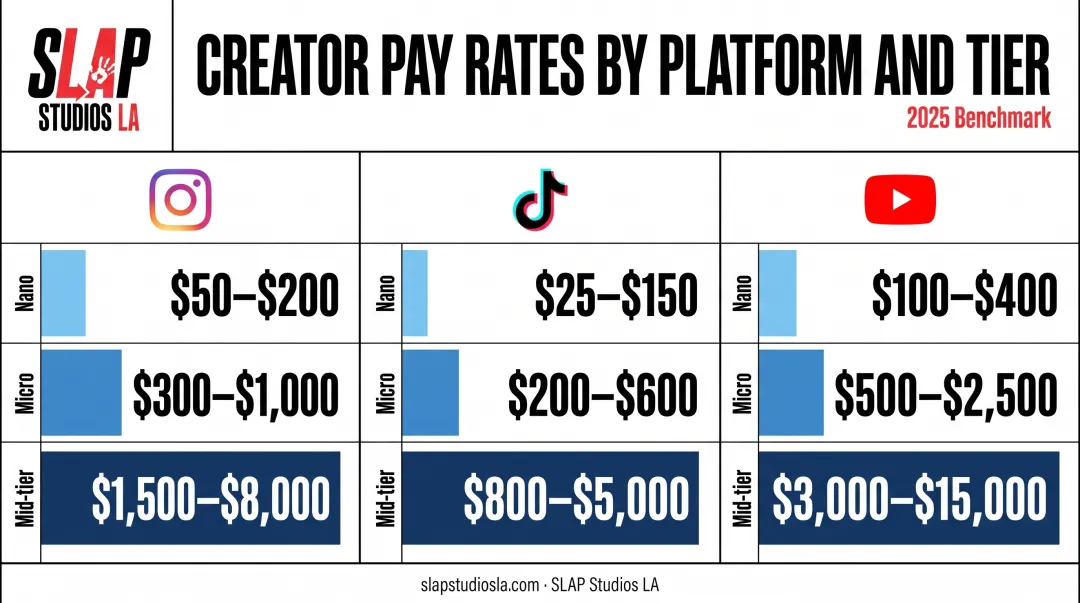 Creator rate benchmarks comparison across Instagram TikTok and YouTube tiers