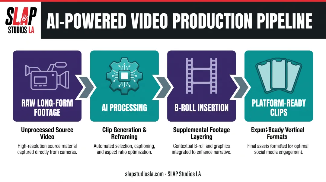 AI video production workflow from long-form footage to platform clips