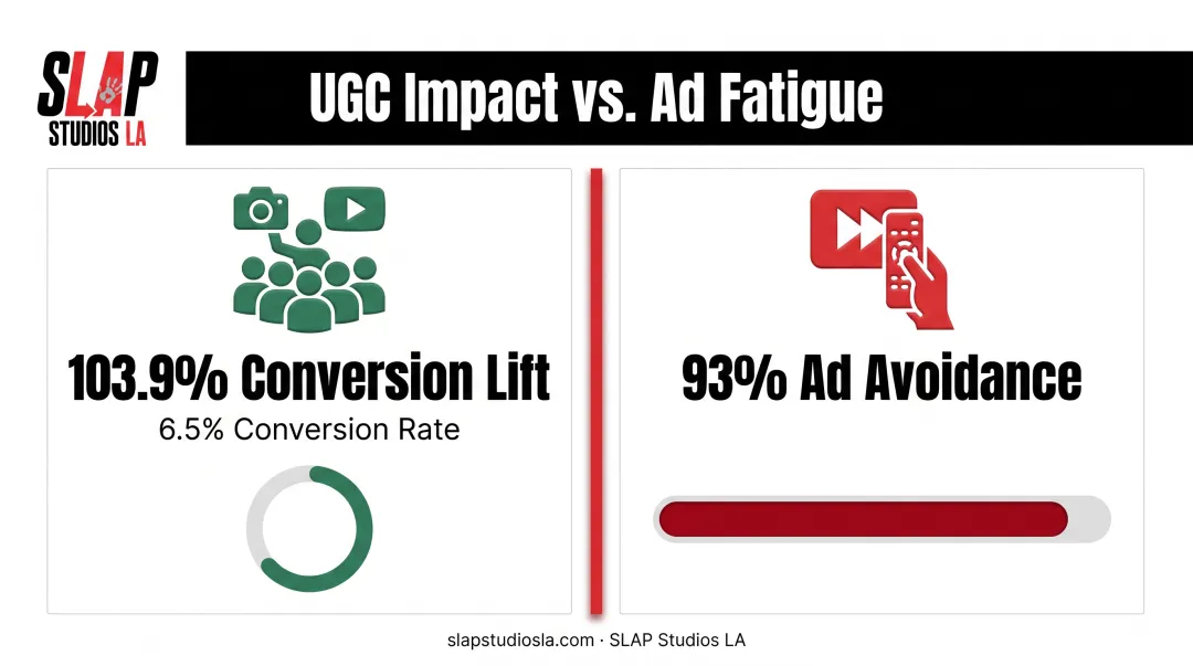UGC conversion lift versus ad avoidance statistics comparison infographic