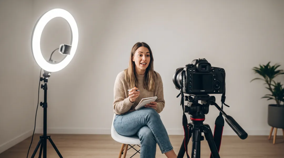 Content creator filming lifestyle video with professional camera setup