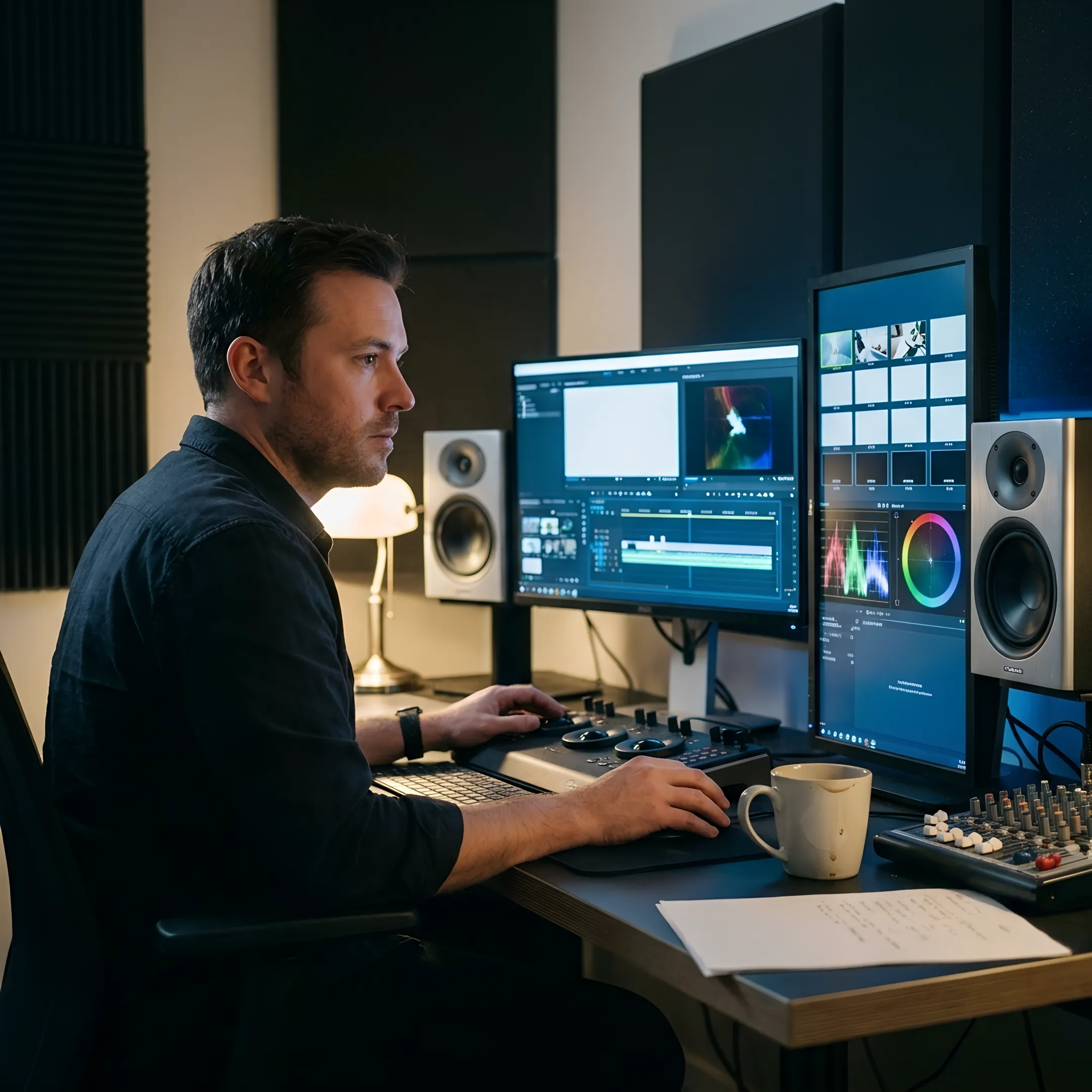 Editor refining a multi-camera podcast video in a professional post-production studio