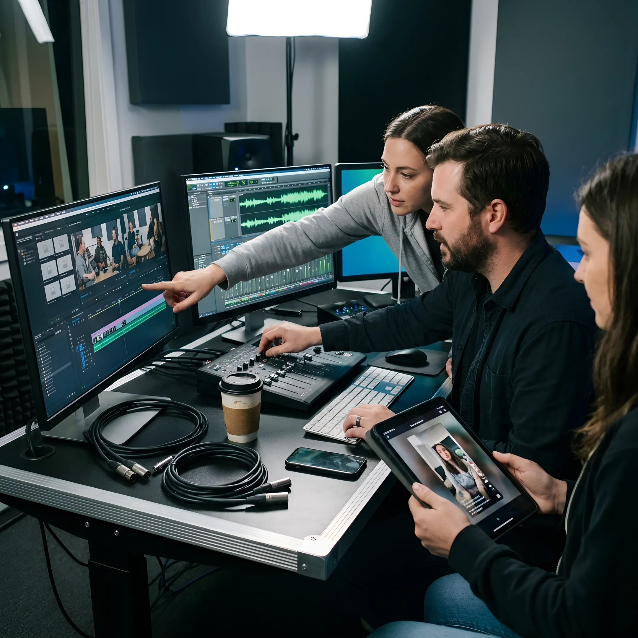 Post-production team editing podcast footage and creating social media clips