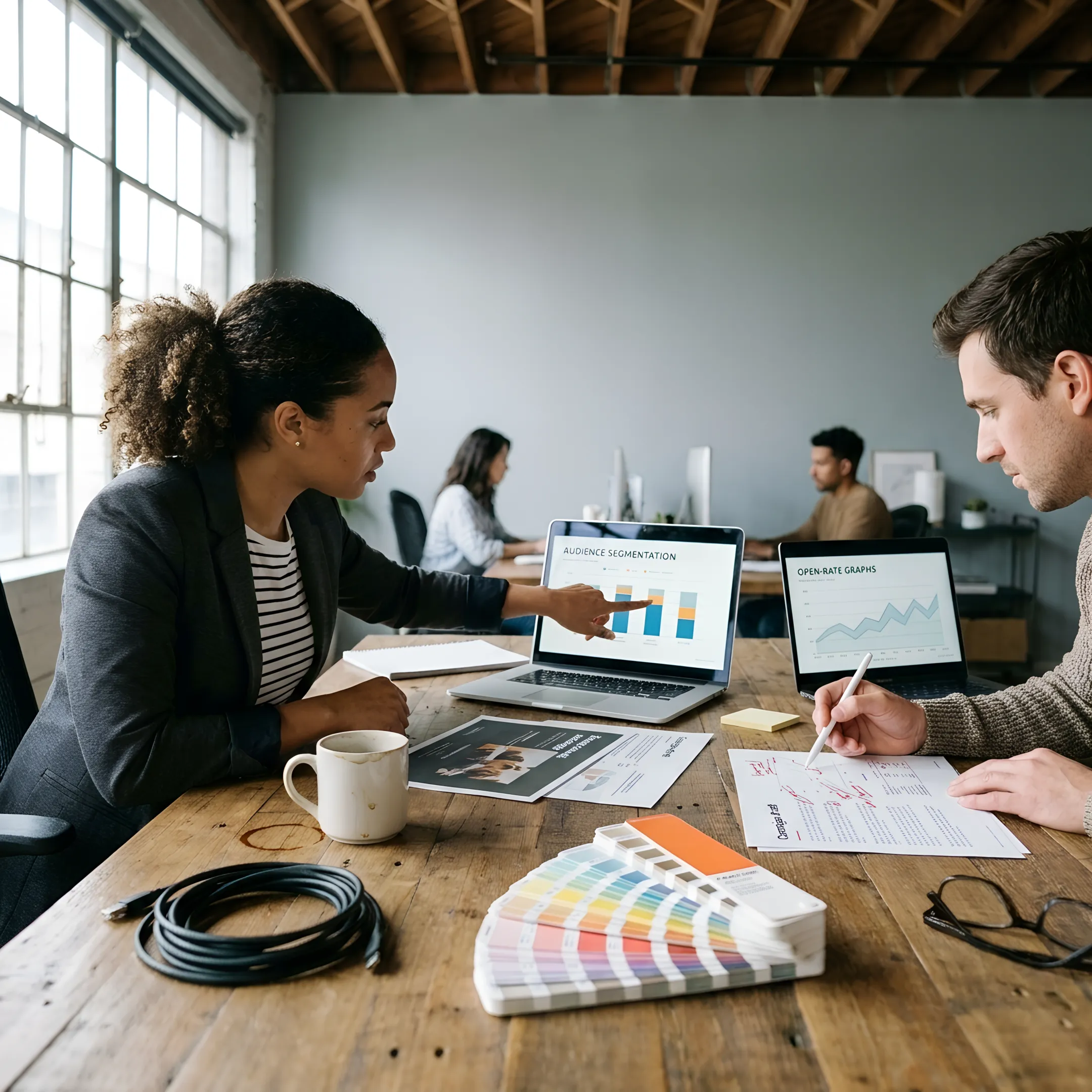 Marketing team reviewing an email campaign dashboard