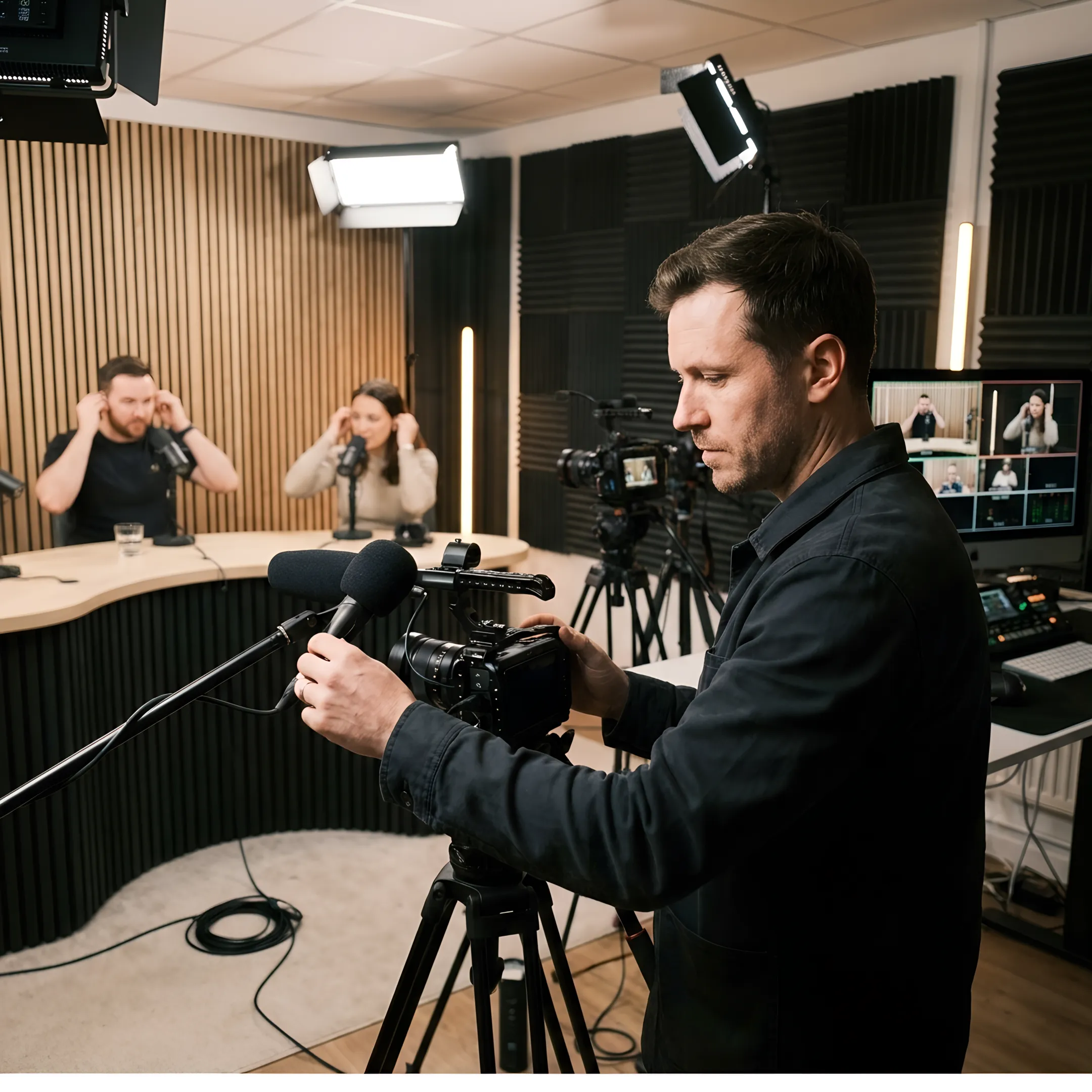 Producer preparing a multi-camera podcast recording