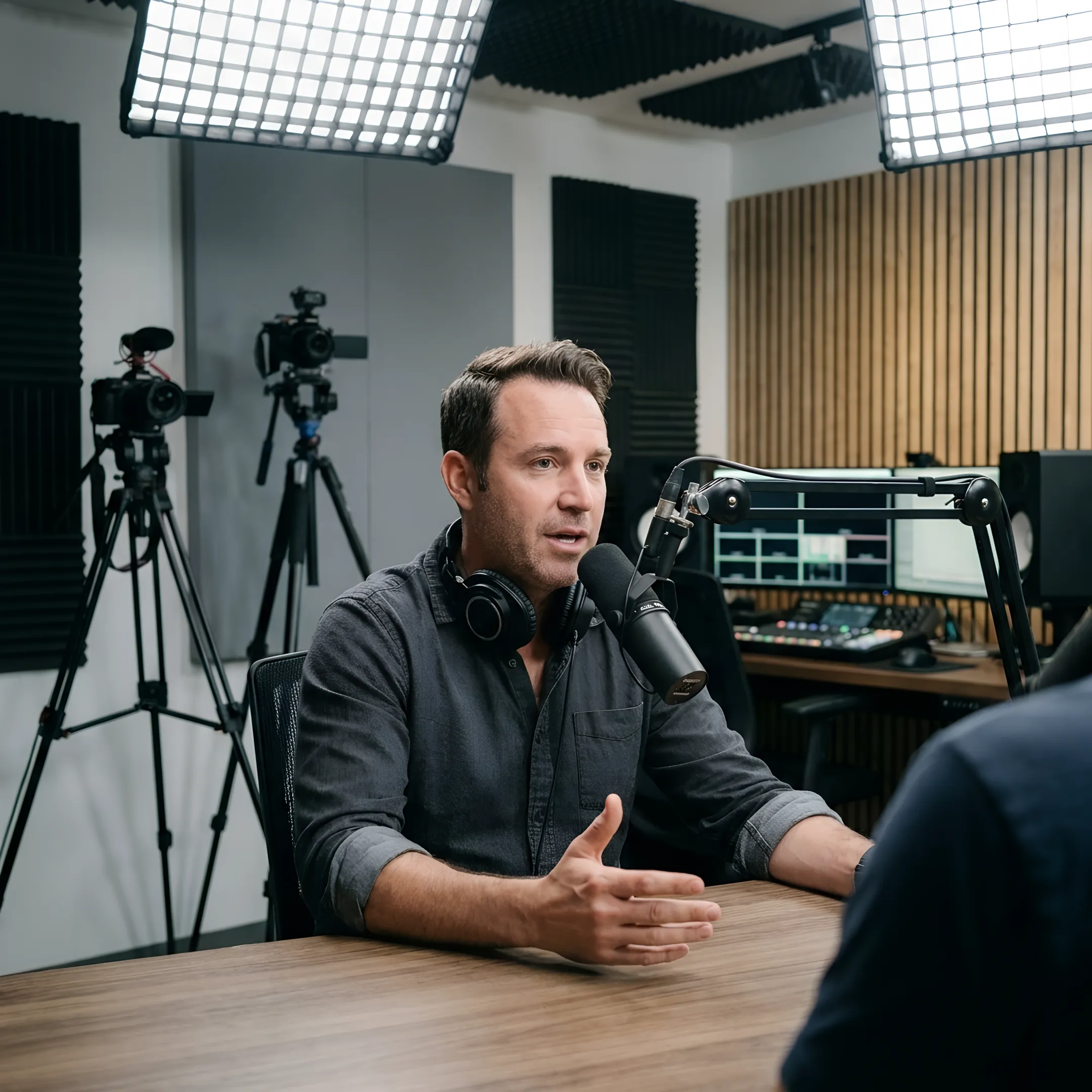Podcast host recording in a professional studio