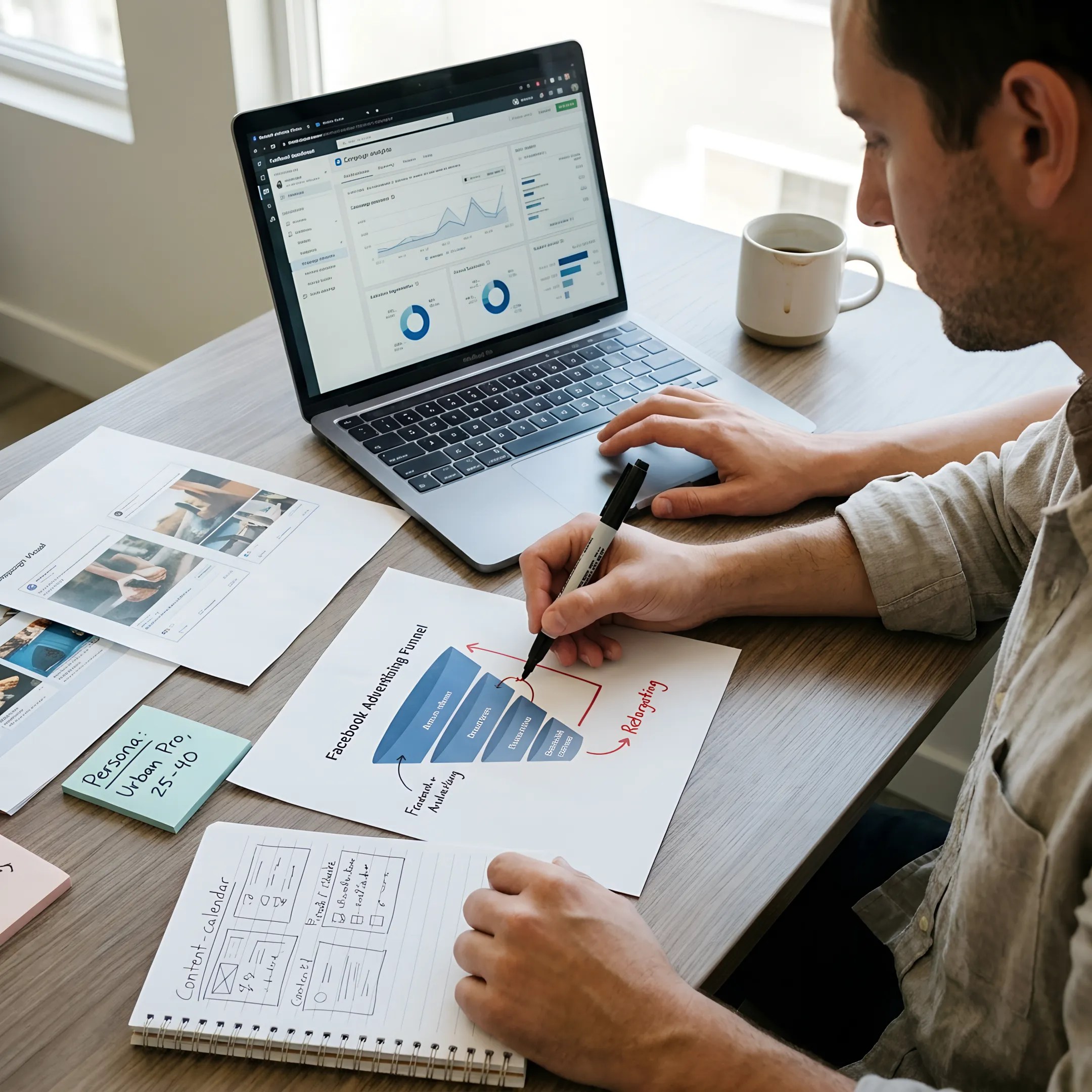 Strategist planning a Facebook marketing funnel