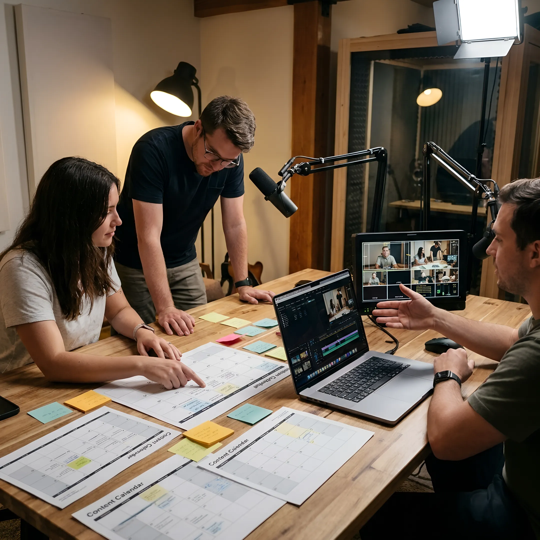 Podcast team planning episode production