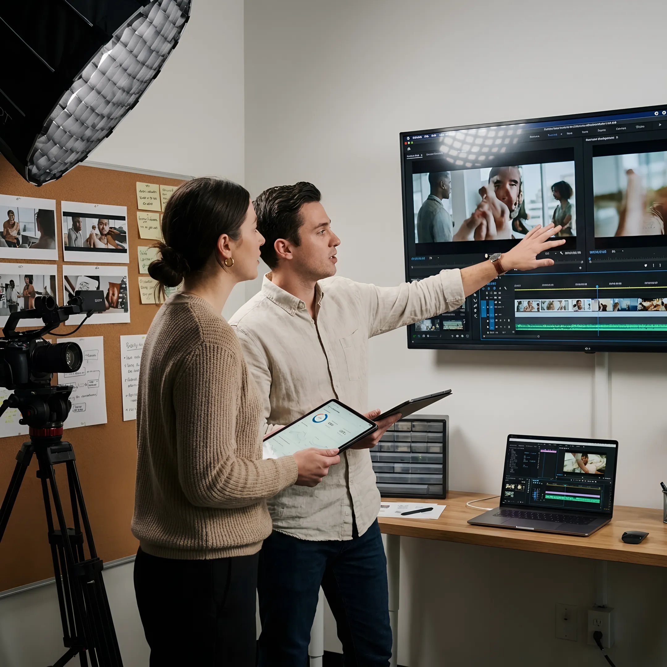 Creative team reviewing a video advertising campaign